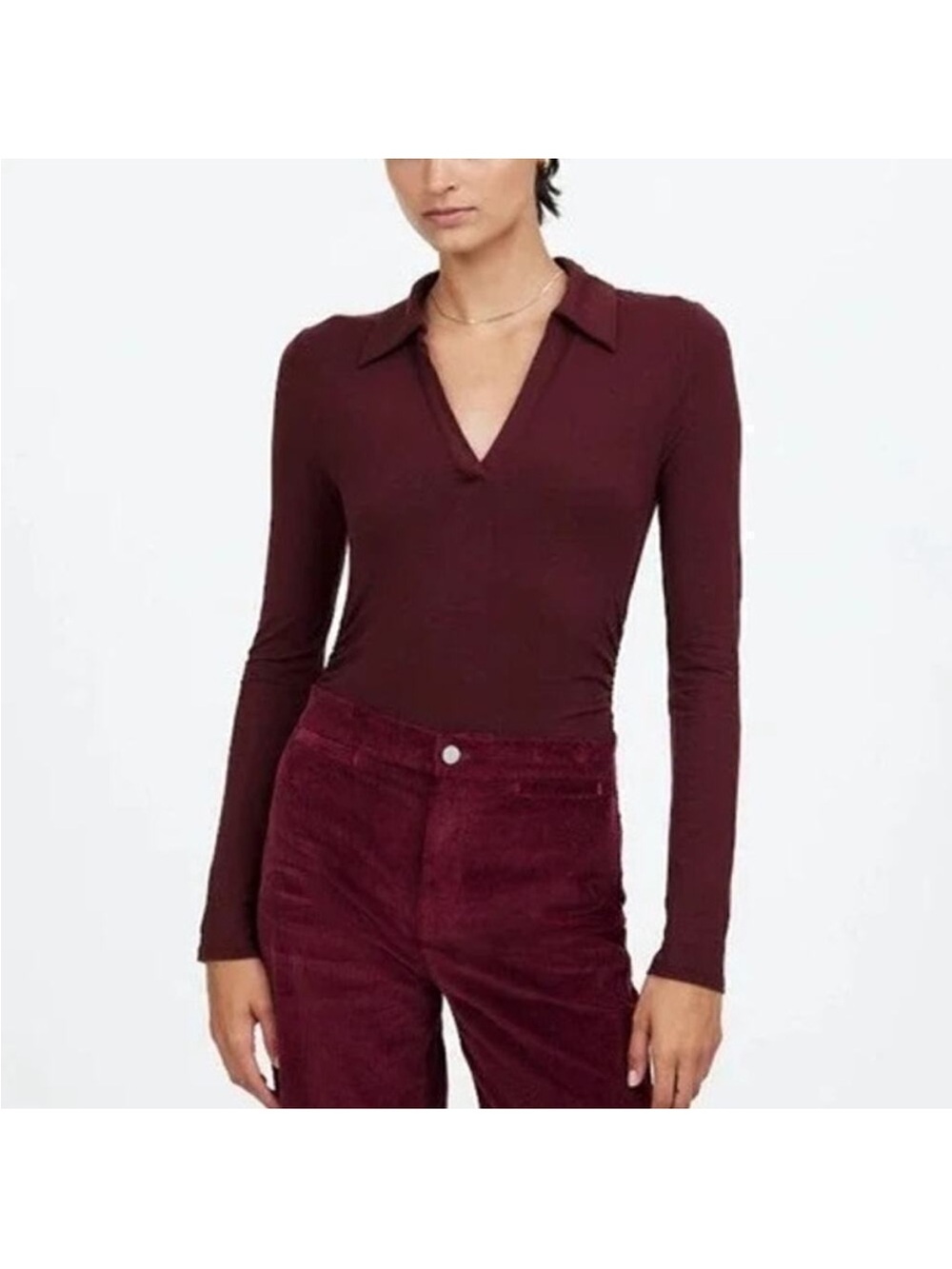 Madewell Raspberry Collared V-Neck Long Sleeve Top